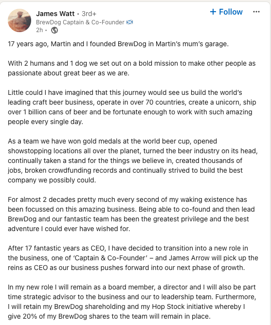 An excerpt of Watt's goodbye post       Source: Linkedin.com