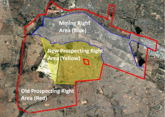 The granted mining right boundary which replaces the previous prospecting right boundary.