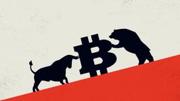 Bitcoin logo, bull one side, bear the other