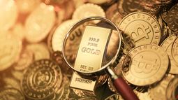 Bitcoins, gold bar