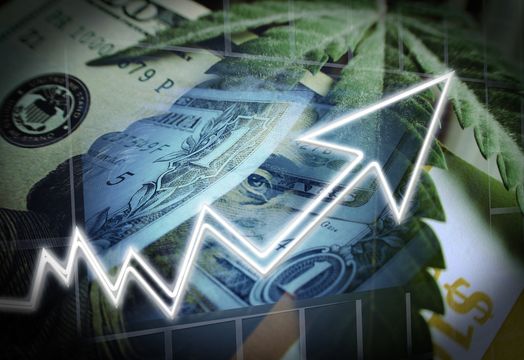 Marijuana stocks rising graphic overlayed with dollar images
