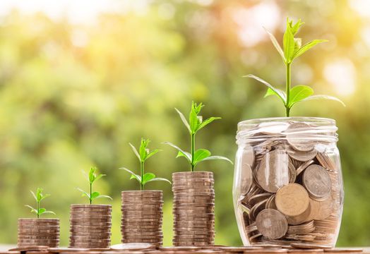 Money growing in jars, investment, asset management, AUM, dividend, coins