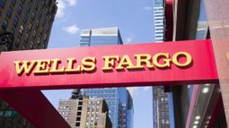 A Wells Fargo sign at a Wells Fargo location in Midtown Manhattan